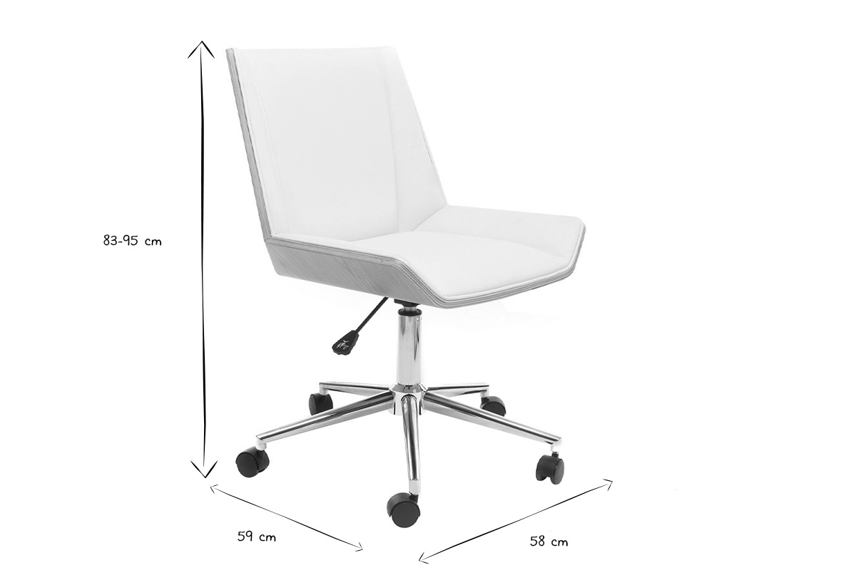 Dimensions de la chaise de bureau MELKIOR en noir et blanc, hauteur 83-95 cm, largeur 58 cm, profondeur 59 cm.