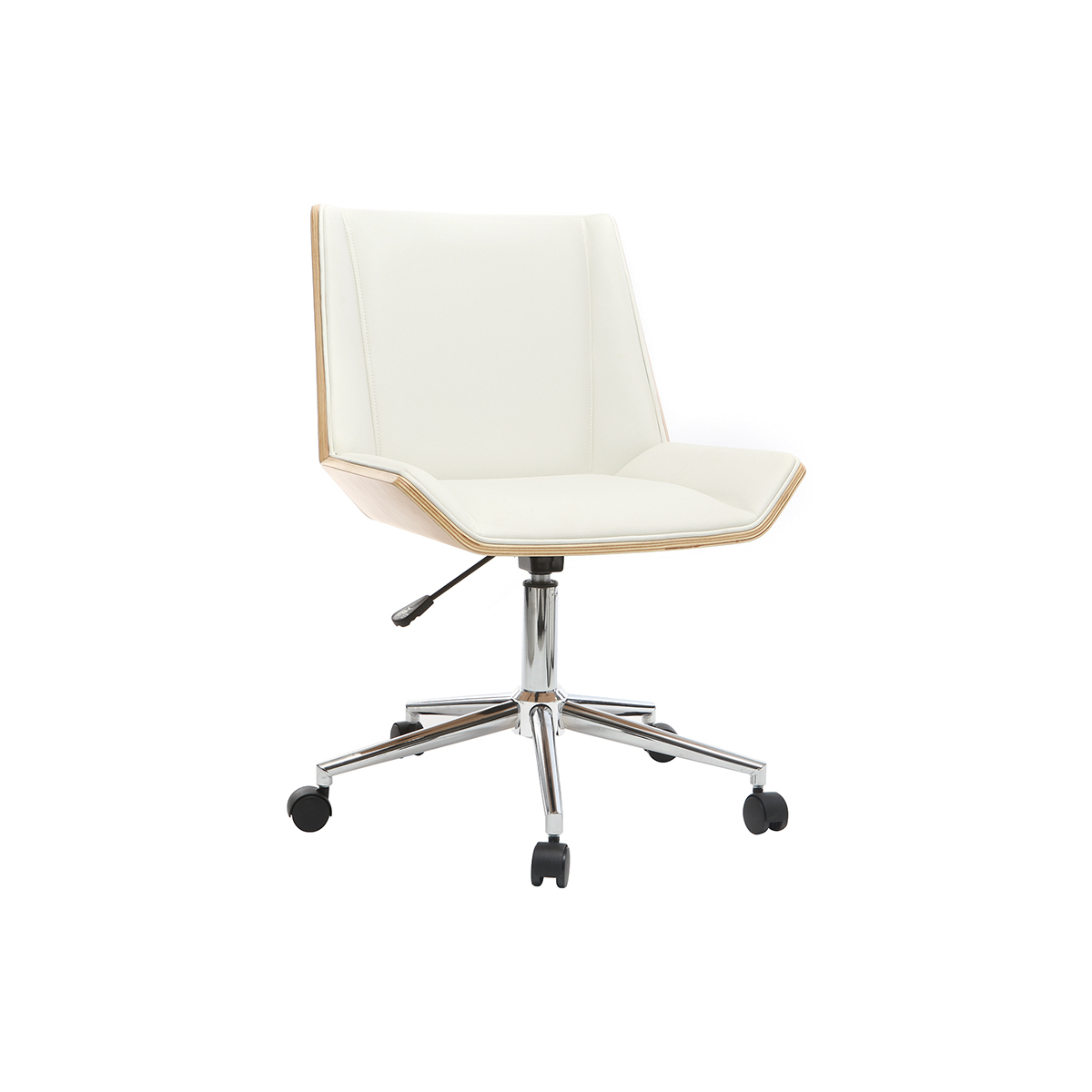 Chaise de bureau à roulettes design blanc, bois clair et acier chromé MELKIOR vue1
