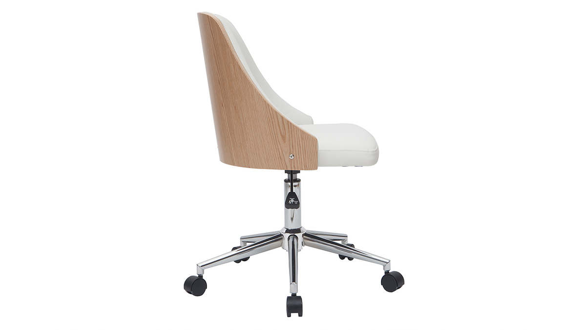 Chaise de bureau  roulettes design blanc, bois clair et acier chrom QUINO