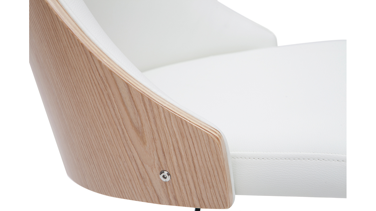 Chaise de bureau  roulettes design blanc, bois clair et acier chrom QUINO