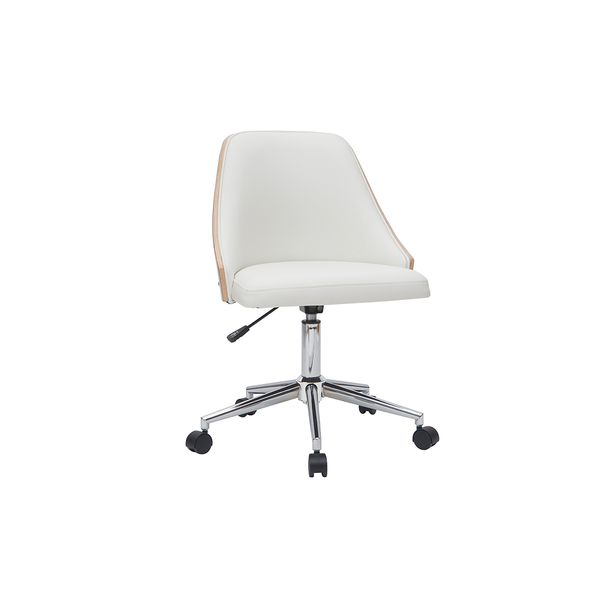 Chaise de bureau à roulettes design blanc, bois clair et acier chromé QUINO vue1