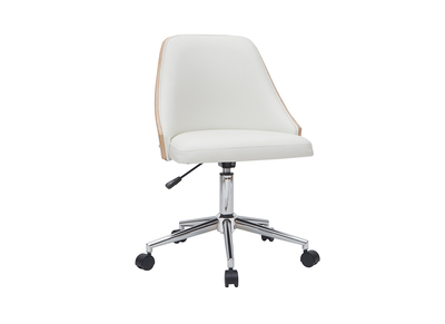 Chaise de bureau à roulettes design blanc, bois clair et acier chromé QUINO