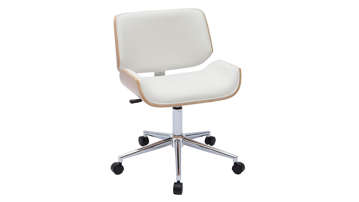 Chaise de bureau à roulettes design blanc, bois clair et acier chromé RUBBENS