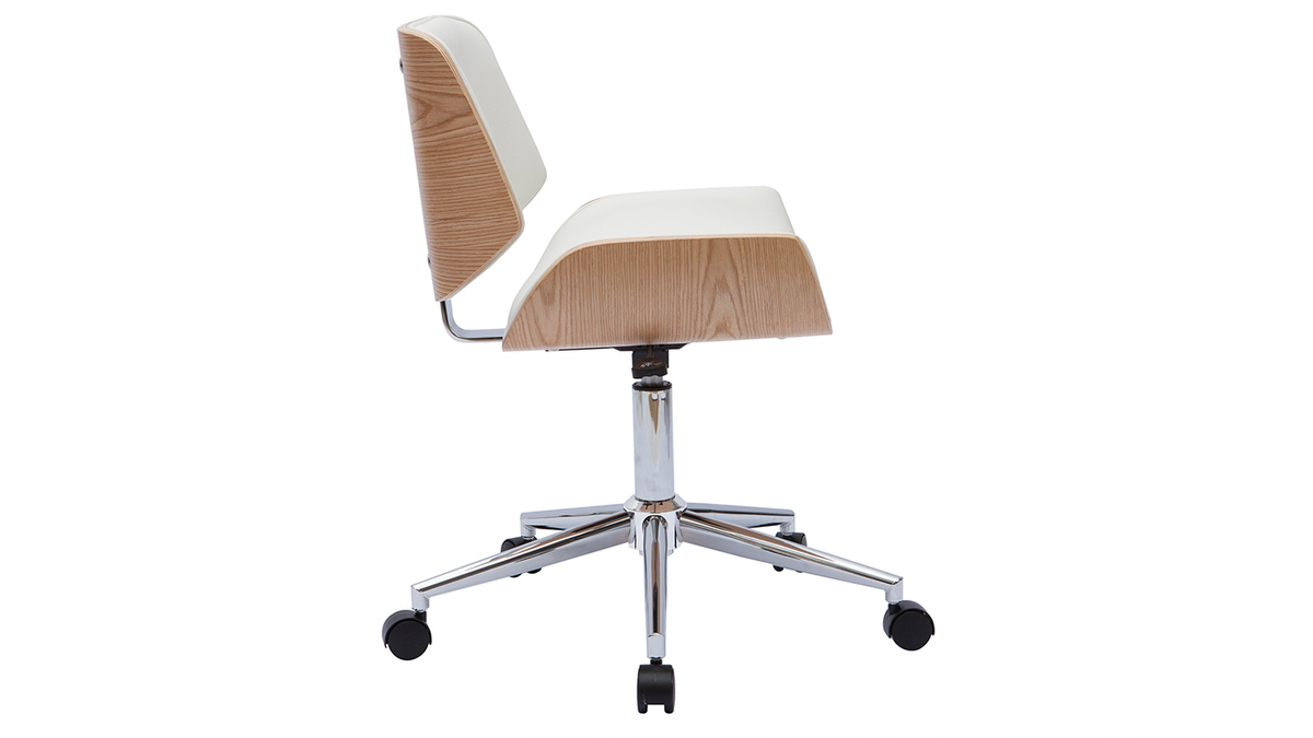 Chaise de bureau à roulettes design blanc, bois clair et acier chromé RUBBENS