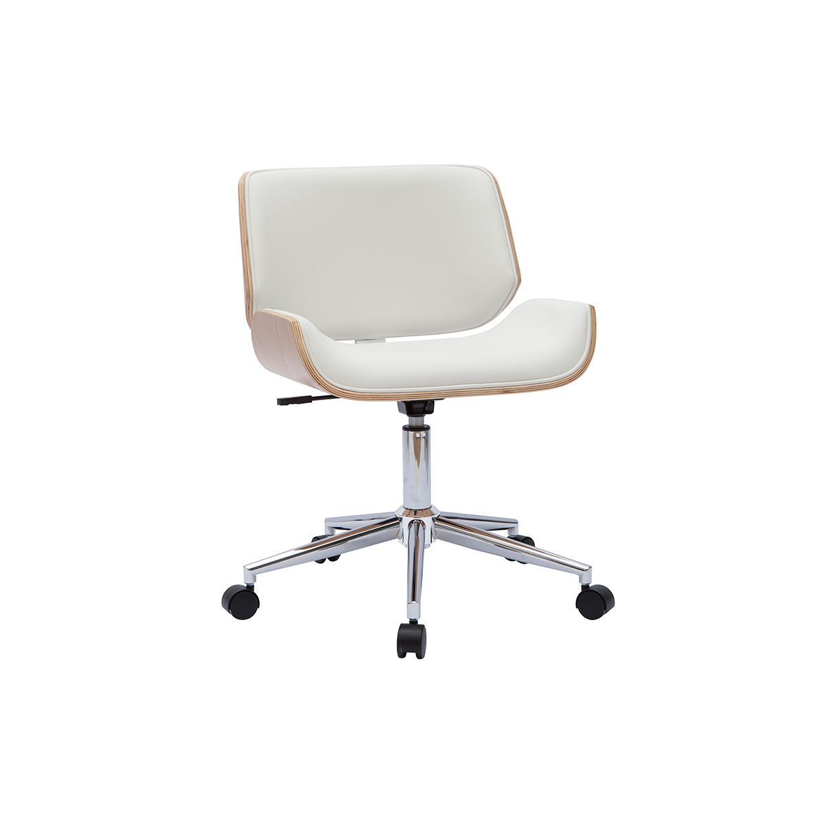 Chaise de bureau à roulettes design blanc, bois clair et acier chromé RUBBENS vue1