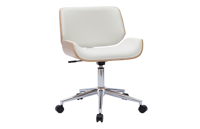 Chaise de bureau à roulettes design blanc, bois foncé noyer et acier chromé  BENT - Miliboo