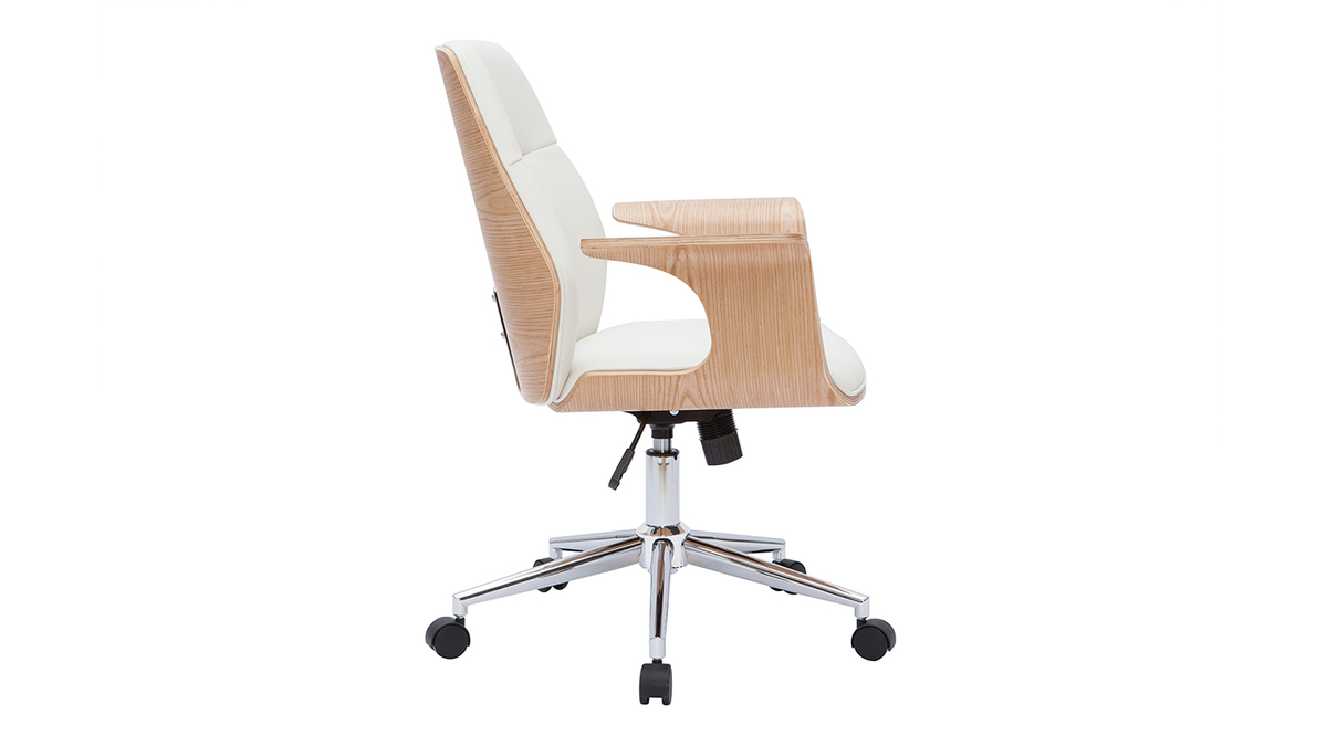 Chaise de bureau à roulettes design blanc, bois clair et acier chromé RUFIN