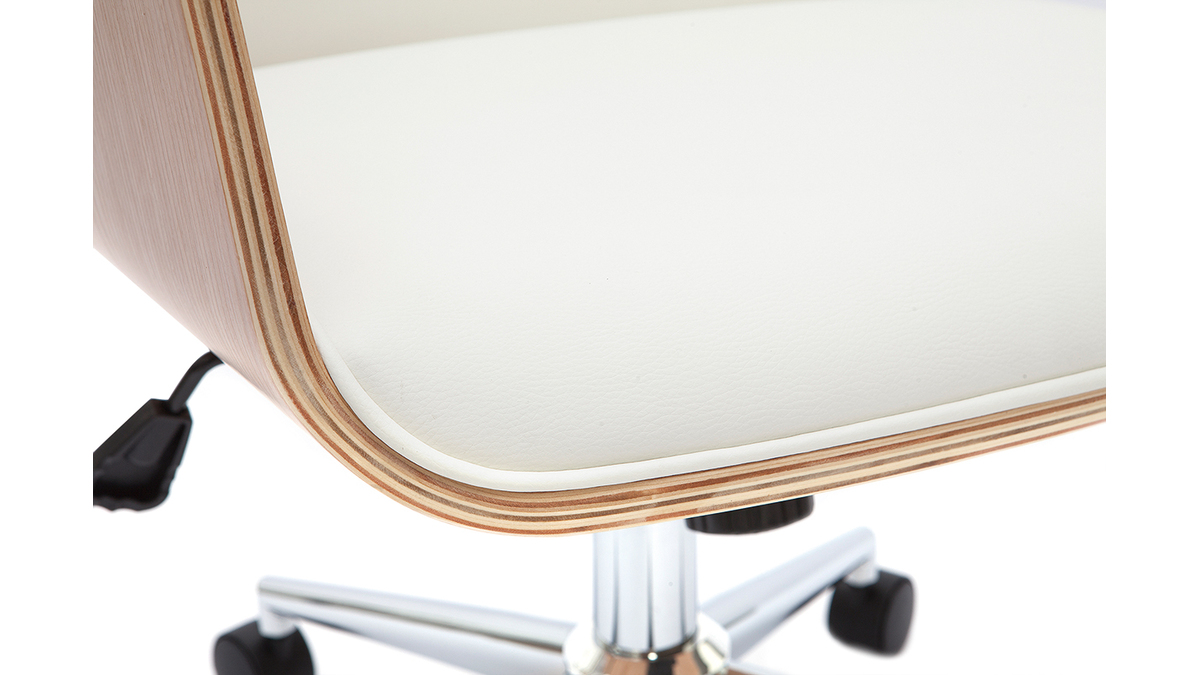 Chaise de bureau à roulettes design blanc, bois clair et acier chromé RUFIN