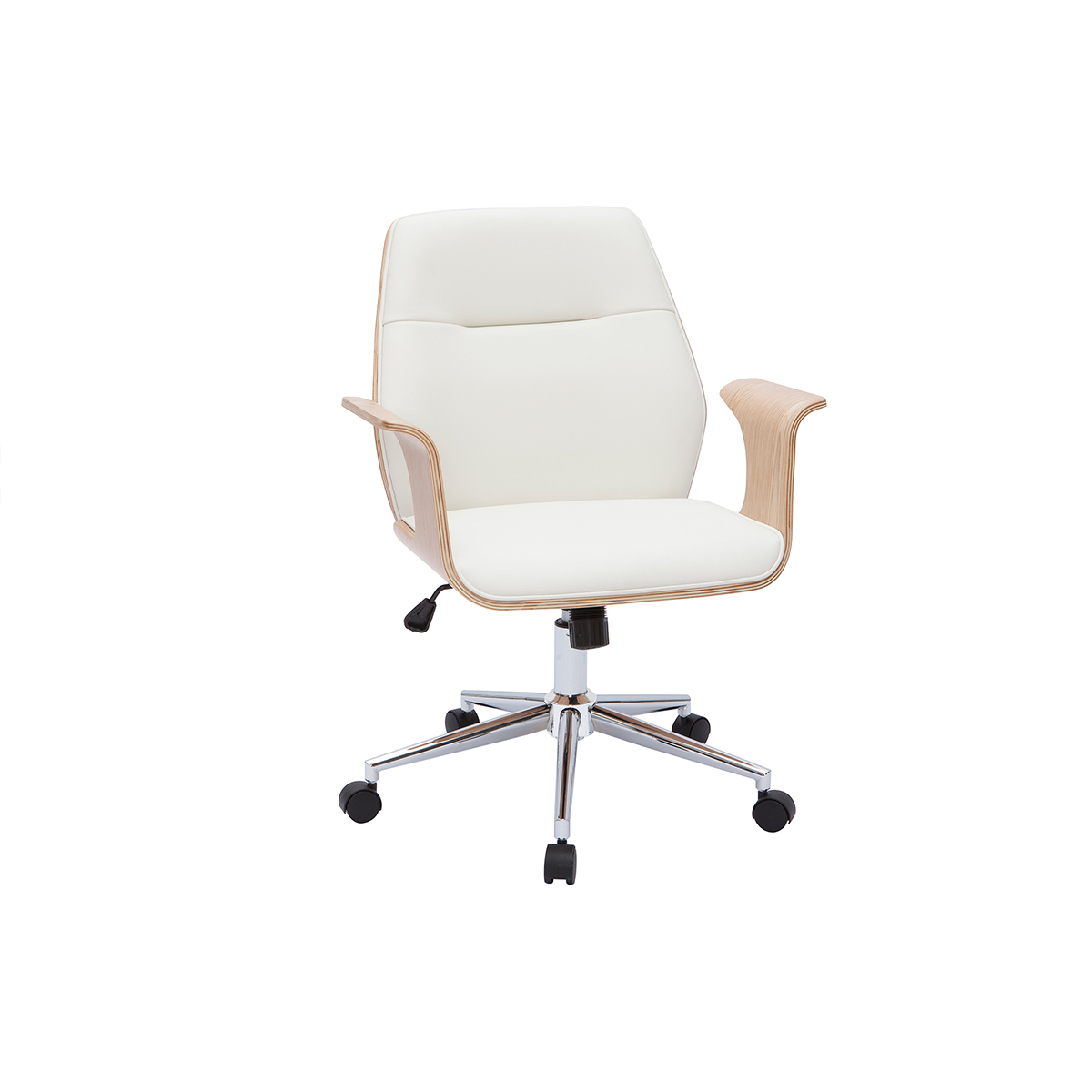 Chaise de bureau à roulettes design blanc, bois clair et acier chromé RUFIN vue1