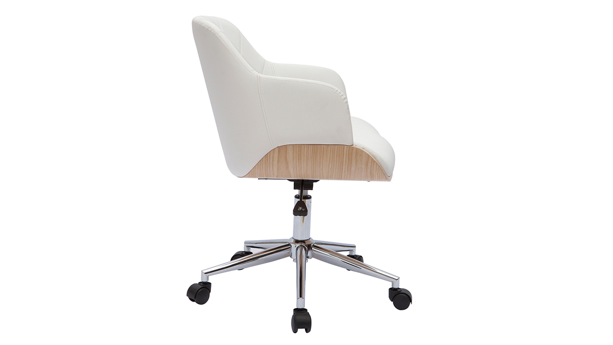 Chaise de bureau à roulettes design blanc, bois clair et acier chromé SANDRO