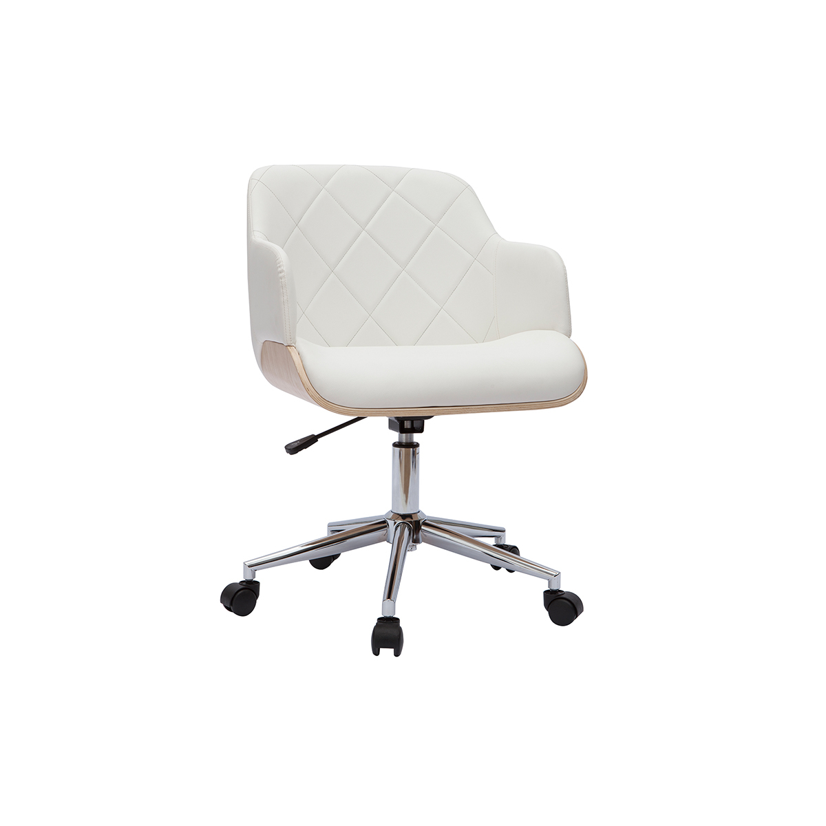 Chaise de bureau à roulettes design blanc, bois clair et acier chromé SANDRO vue1