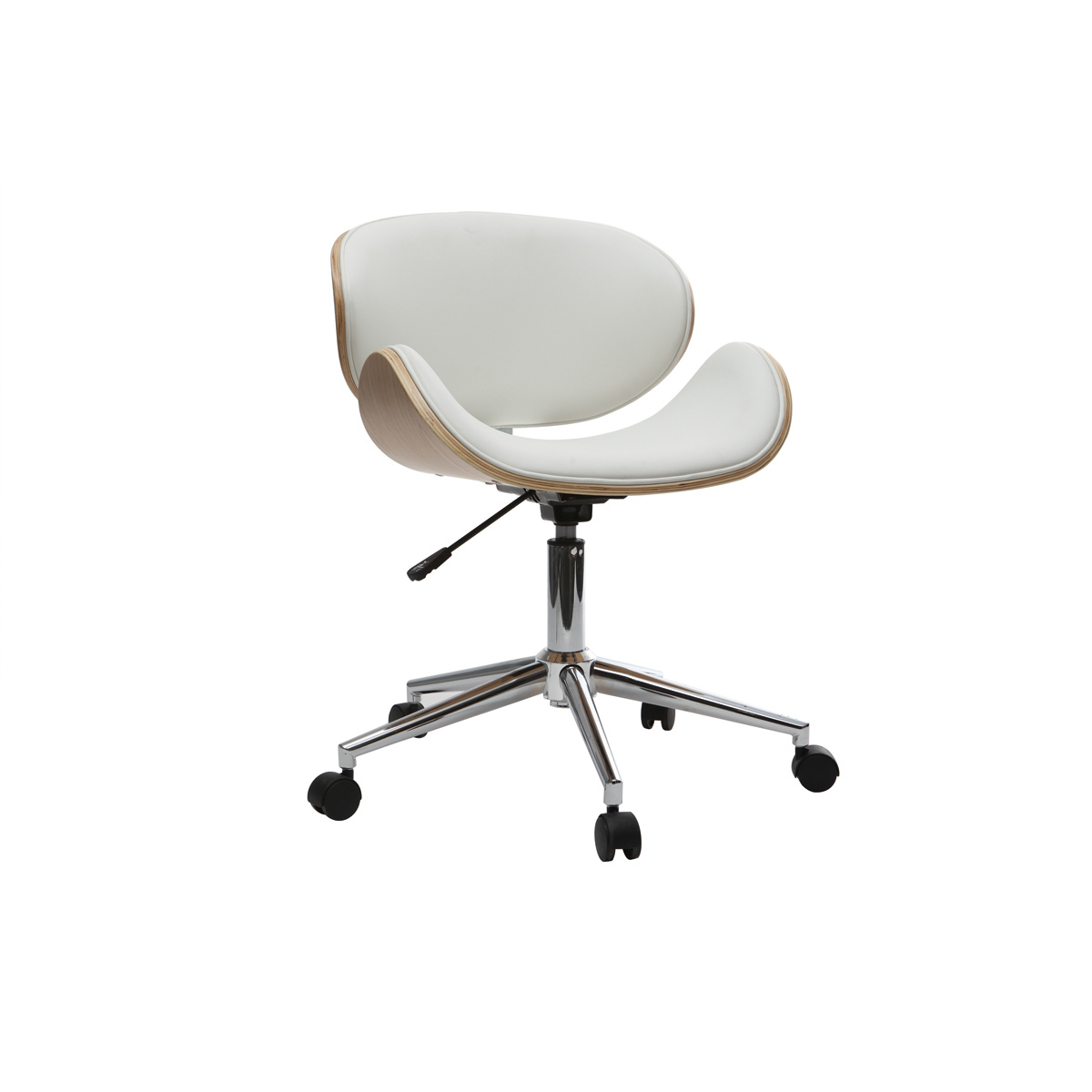 Chaise de bureau à roulettes design blanc, bois clair et acier chromé WALNUT vue1