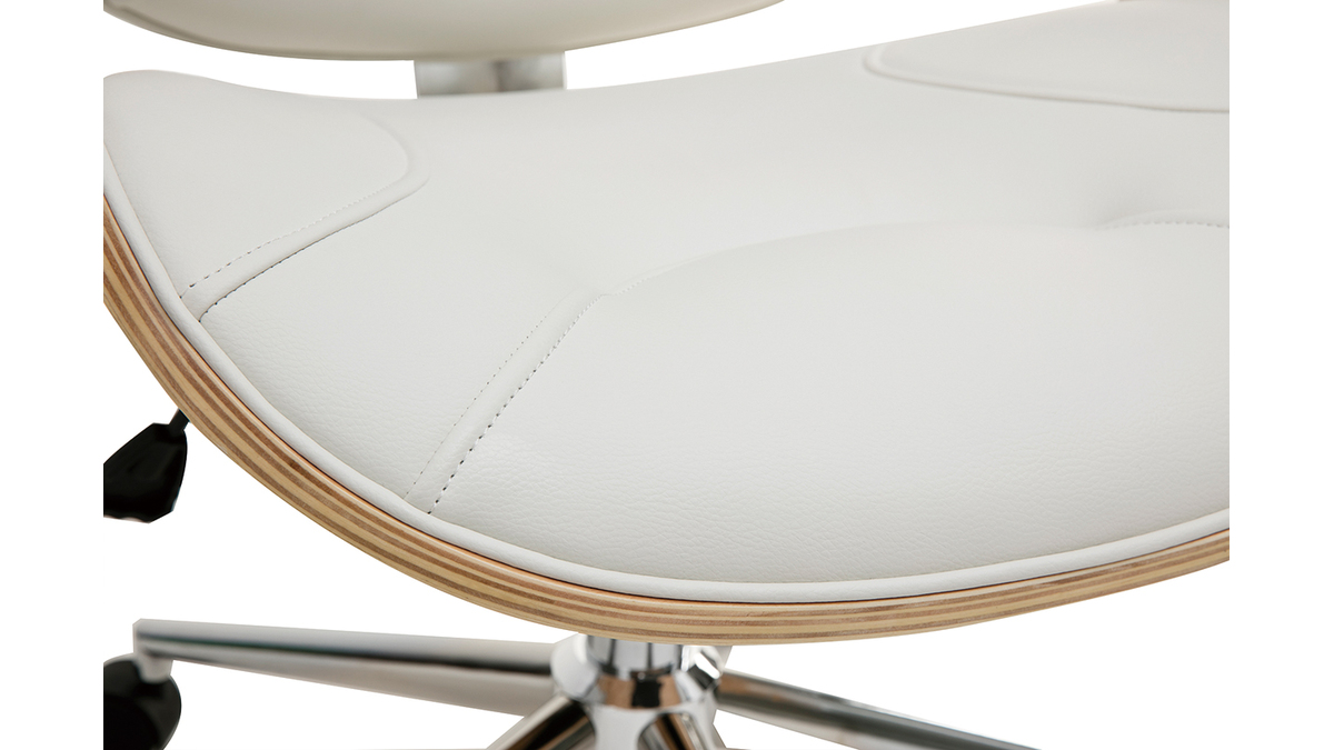 Chaise de bureau à roulettes design blanc, bois clair et acier chromé YORKE