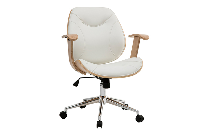 Chaise de bureau à roulettes design blanc, bois clair et acier chromé YORKE  - Miliboo