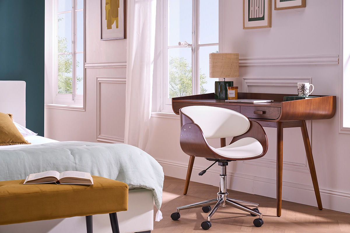 Chaise de bureau  roulettes design blanc, bois fonc noyer et acier chrom BENT