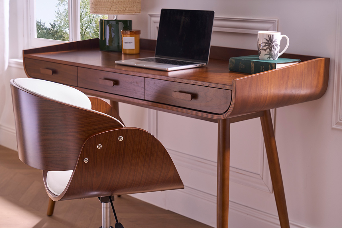 Chaise de bureau  roulettes design blanc, bois fonc noyer et acier chrom BENT