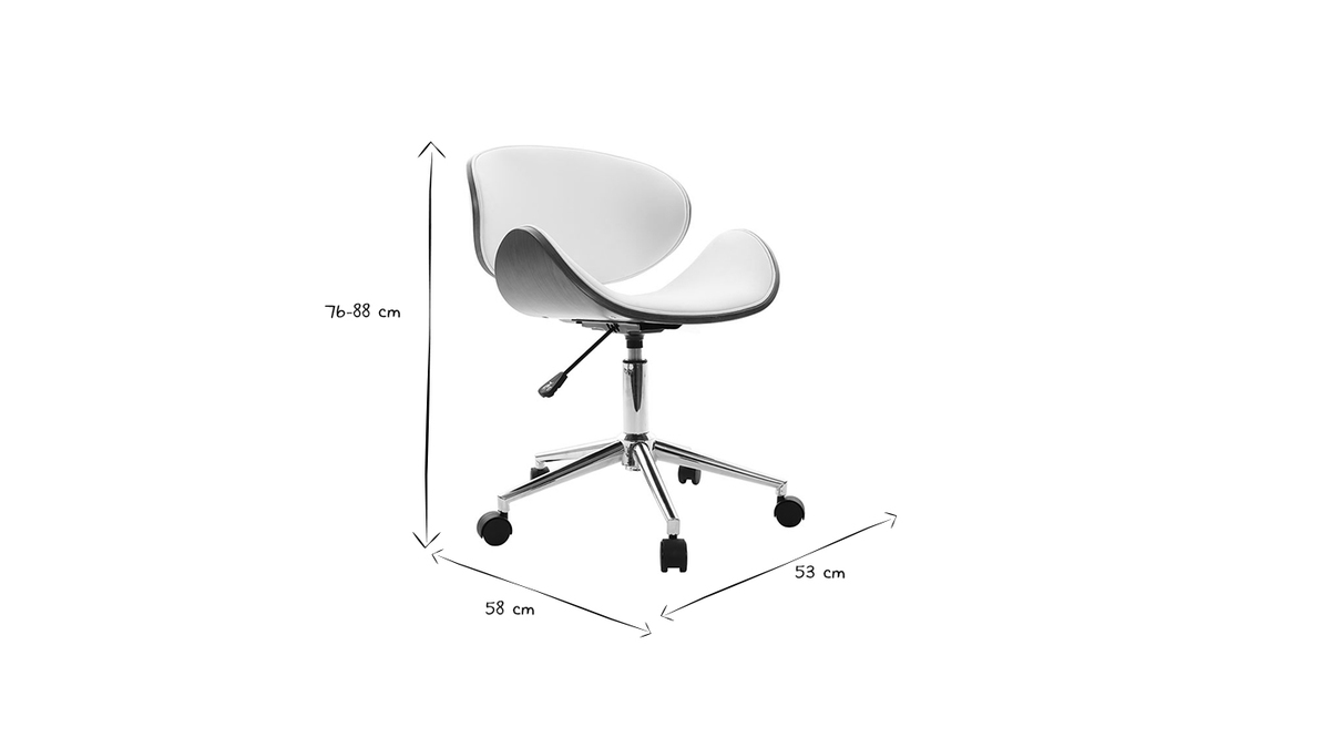 Chaise de bureau à roulettes design blanc, bois foncé noyer et acier chromé WALNUT