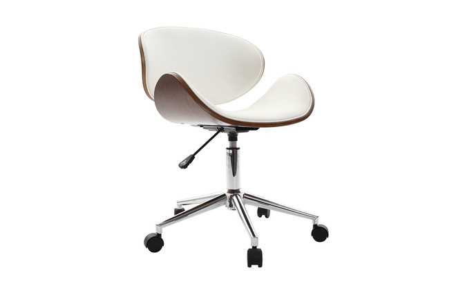 Chaise de bureau à roulettes design blanc, bois foncé noyer et acier chromé  WALNUT - Miliboo