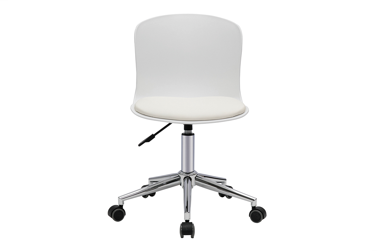 Chaise de bureau � roulettes design blanc et acier chrom� ARISTA