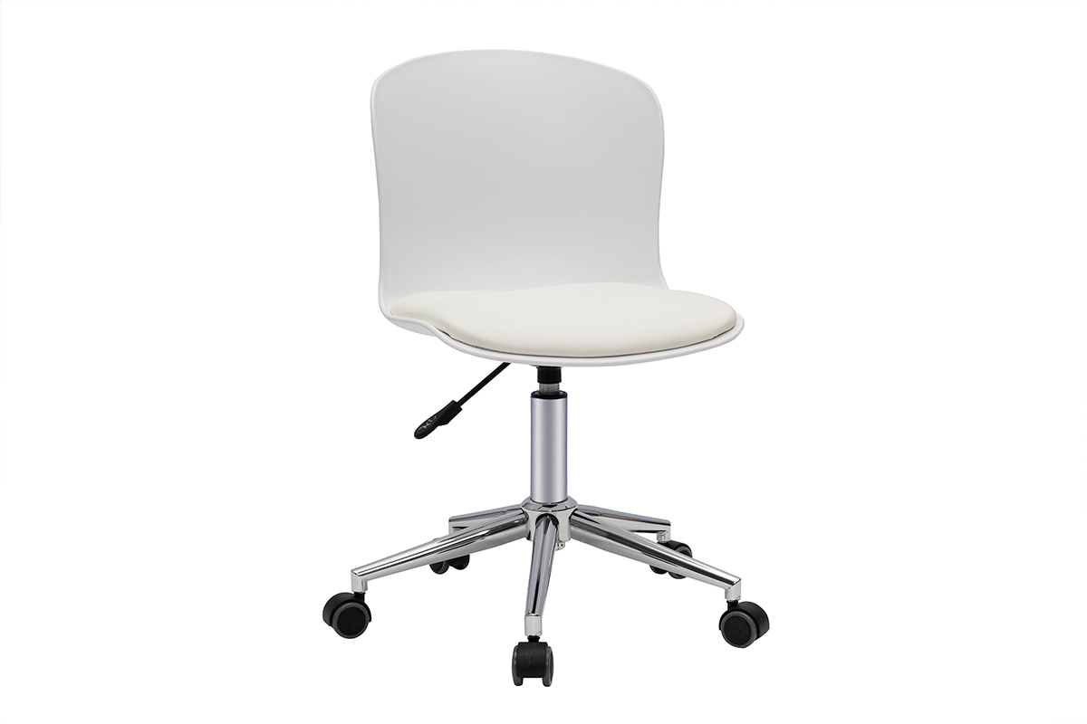 Chaise de bureau � roulettes design blanc et acier chrom� ARISTA