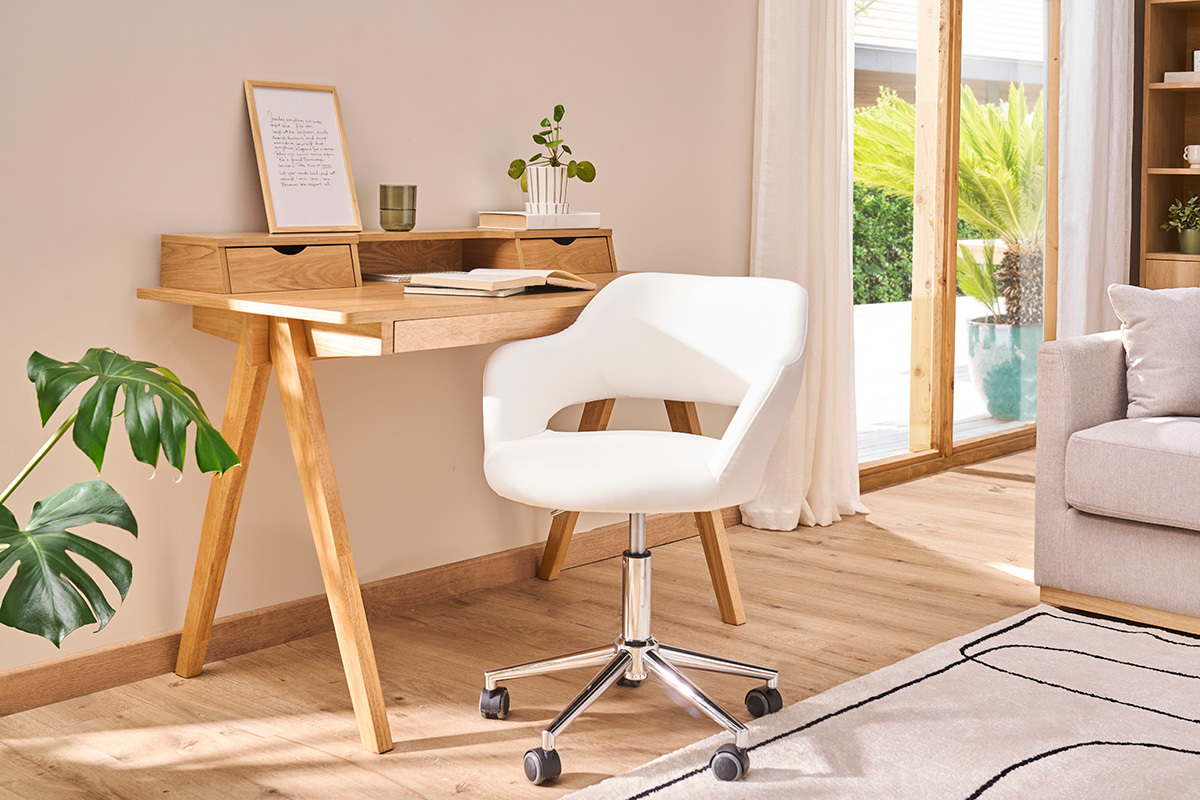 Chaise de bureau  roulettes design blanc et acier chrom JESSY