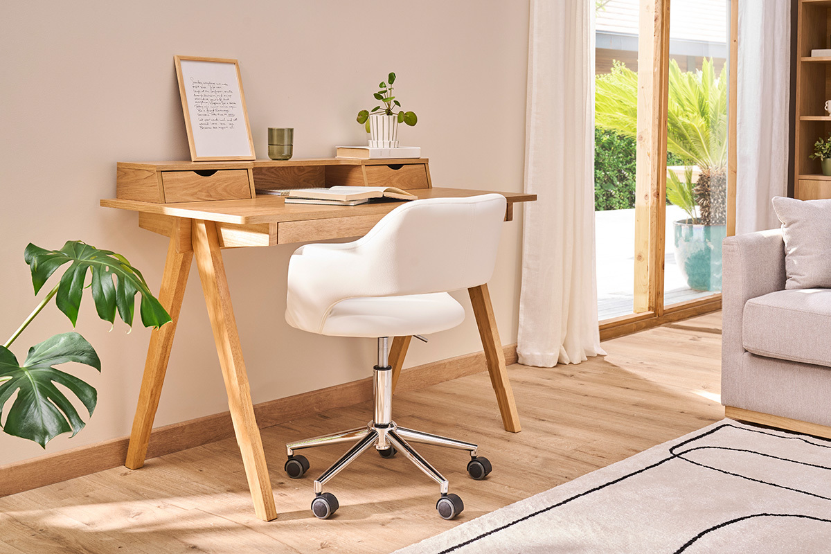 Chaise de bureau  roulettes design blanc et acier chrom JESSY