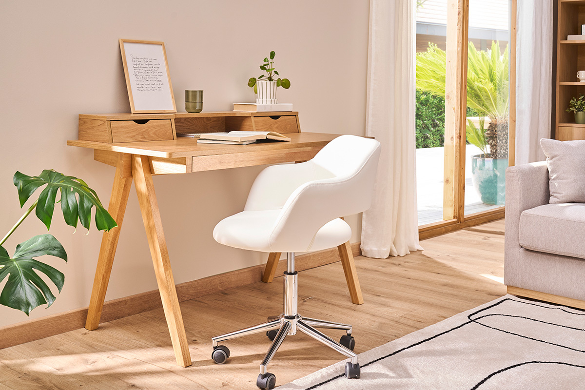 Chaise de bureau  roulettes design blanc et acier chrom JESSY