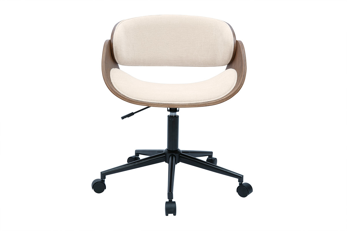 Chaise de bureau  roulettes design en bois fonc et tissu effet velours textur beige BENT