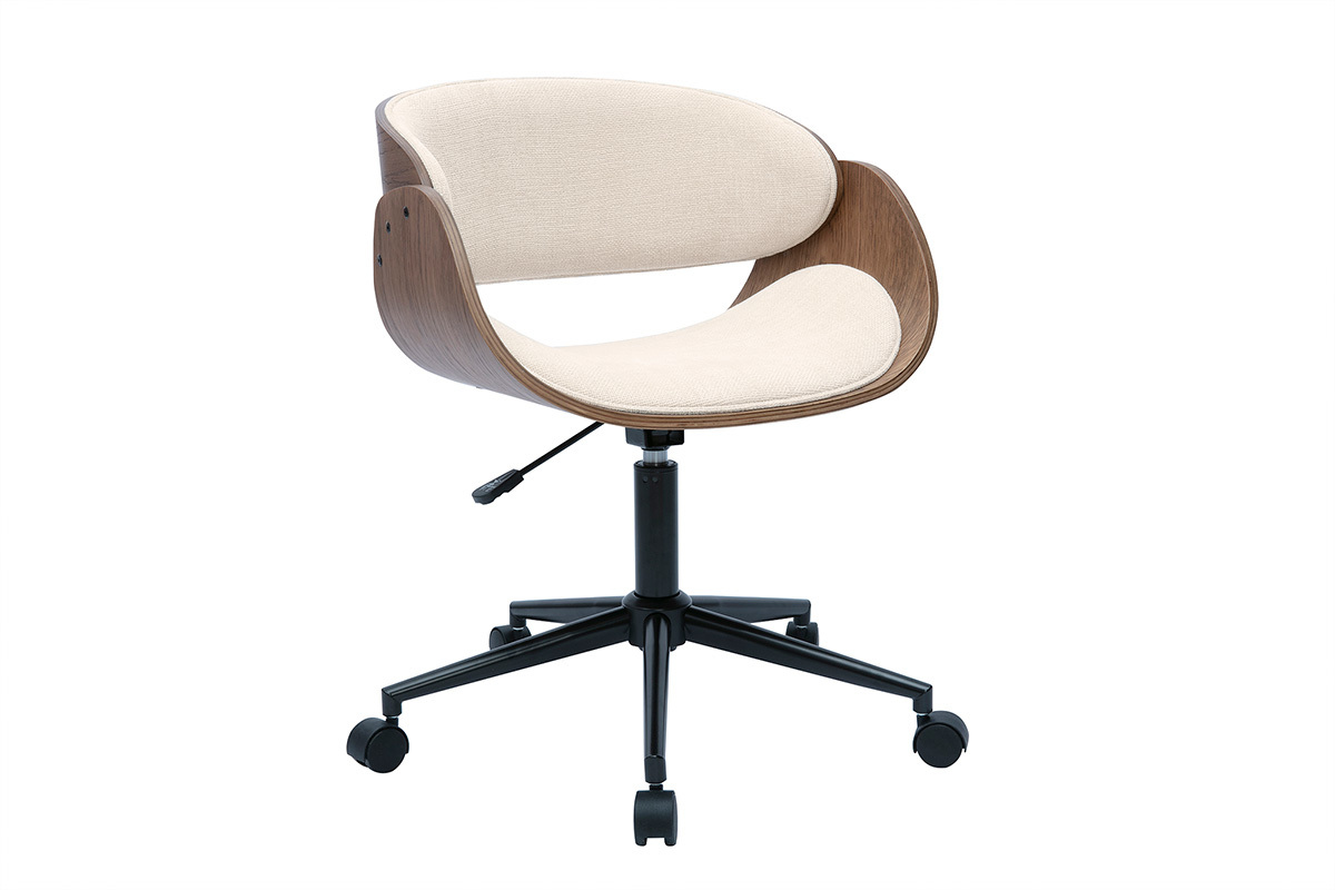 Chaise de bureau  roulettes design en bois fonc et tissu effet velours textur beige BENT