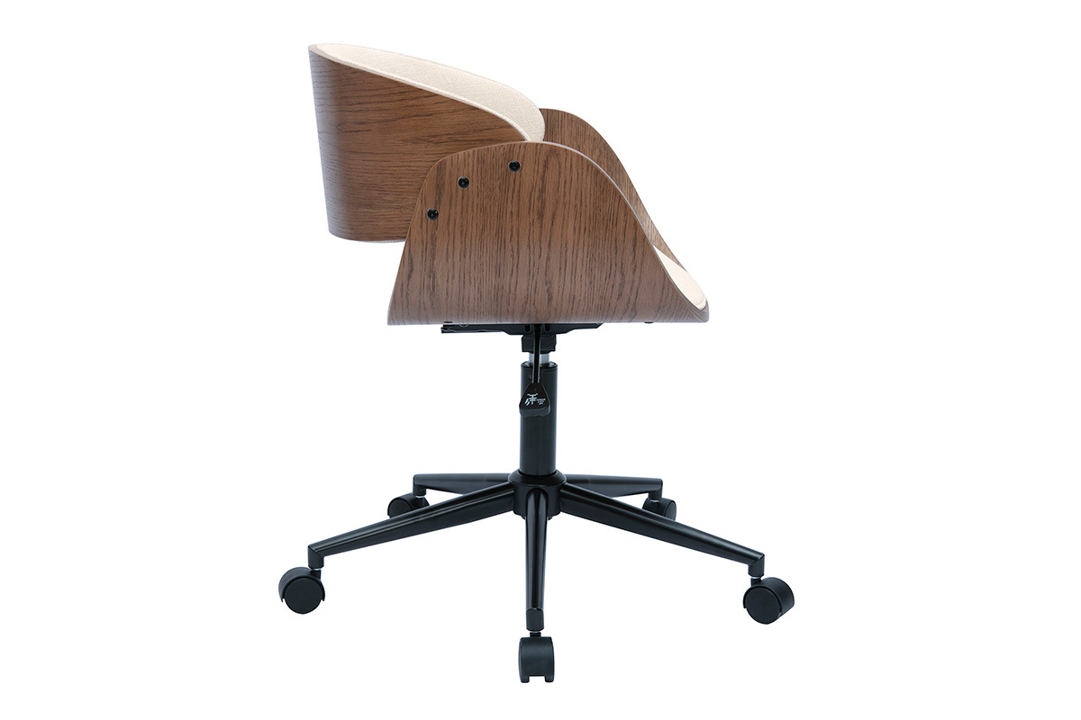 Chaise de bureau  roulettes design en bois fonc et tissu effet velours textur beige BENT