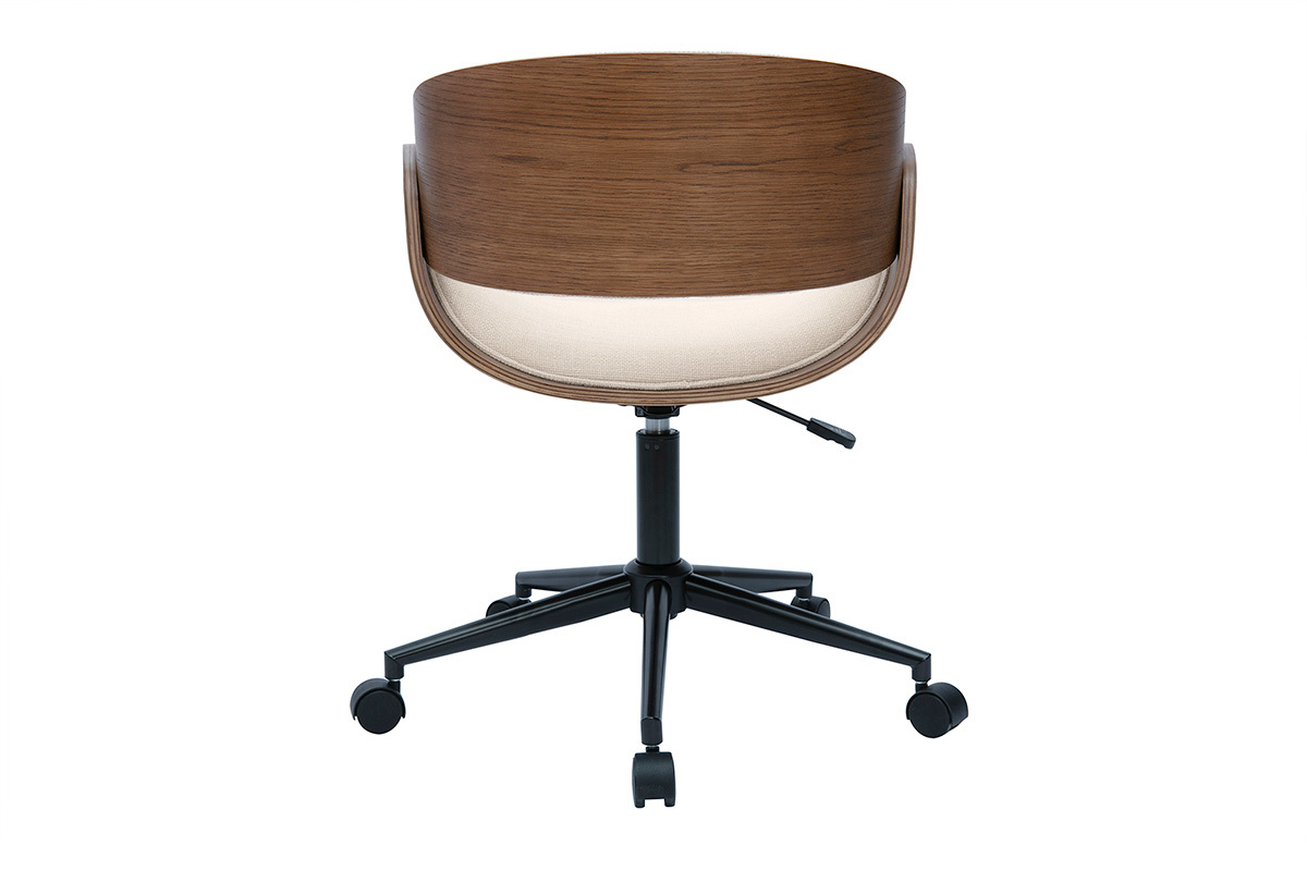Chaise de bureau  roulettes design en bois fonc et tissu effet velours textur beige BENT