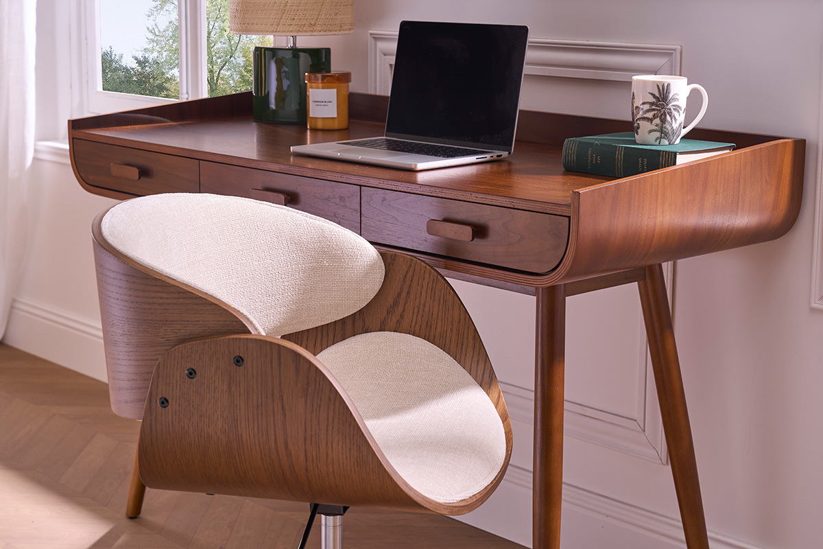 Chaise de bureau  roulettes design en bois fonc et tissu effet velours textur beige BENT