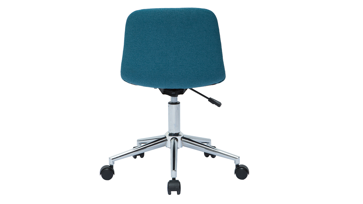 Chaise de bureau à roulettes design en tissu bleu canard et acier chromé SAURY