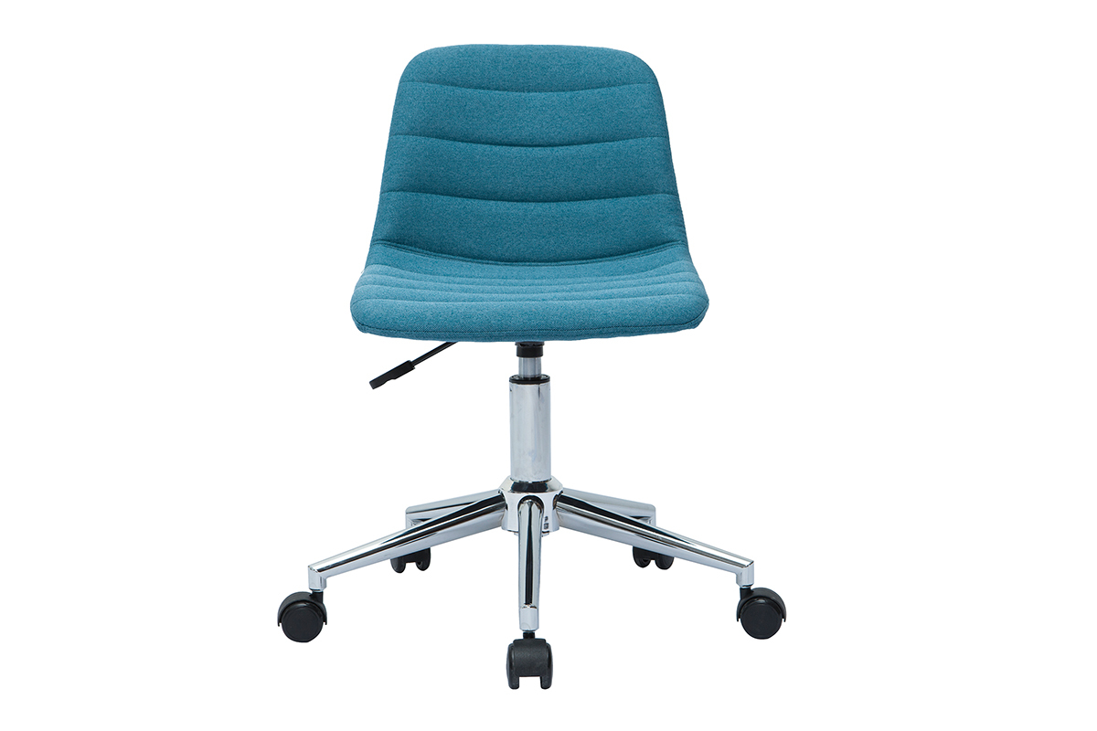 Chaise de bureau  roulettes design en tissu bleu canard et acier chrom SAURY