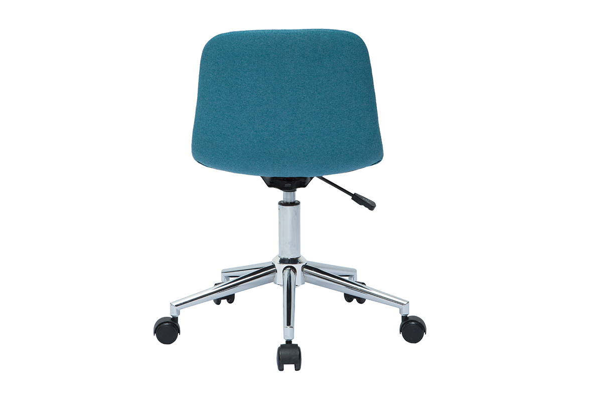 Chaise de bureau  roulettes design en tissu bleu canard et acier chrom SAURY