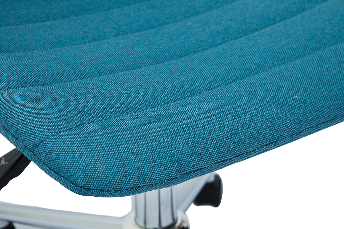 Chaise de bureau  roulettes design en tissu bleu canard et acier chrom SAURY
