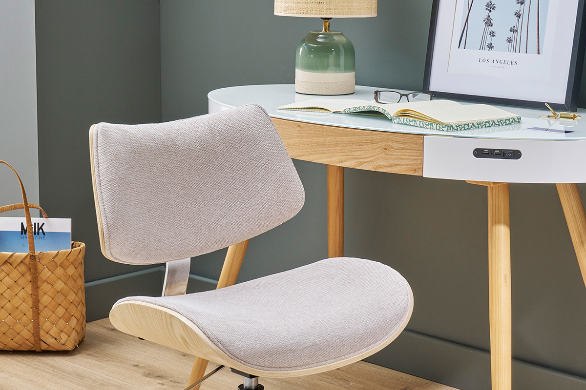Chaise de bureau  roulettes design en tissu effet velours textur beige, bois clair chne et mtal MALMO