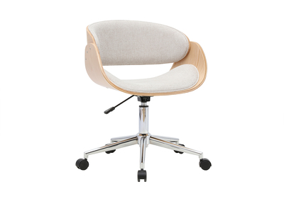 Chaise de bureau &agrave; roulettes design en tissu effet velours textur&eacute; beige, bois clair et acier chrom&eacute; BENT