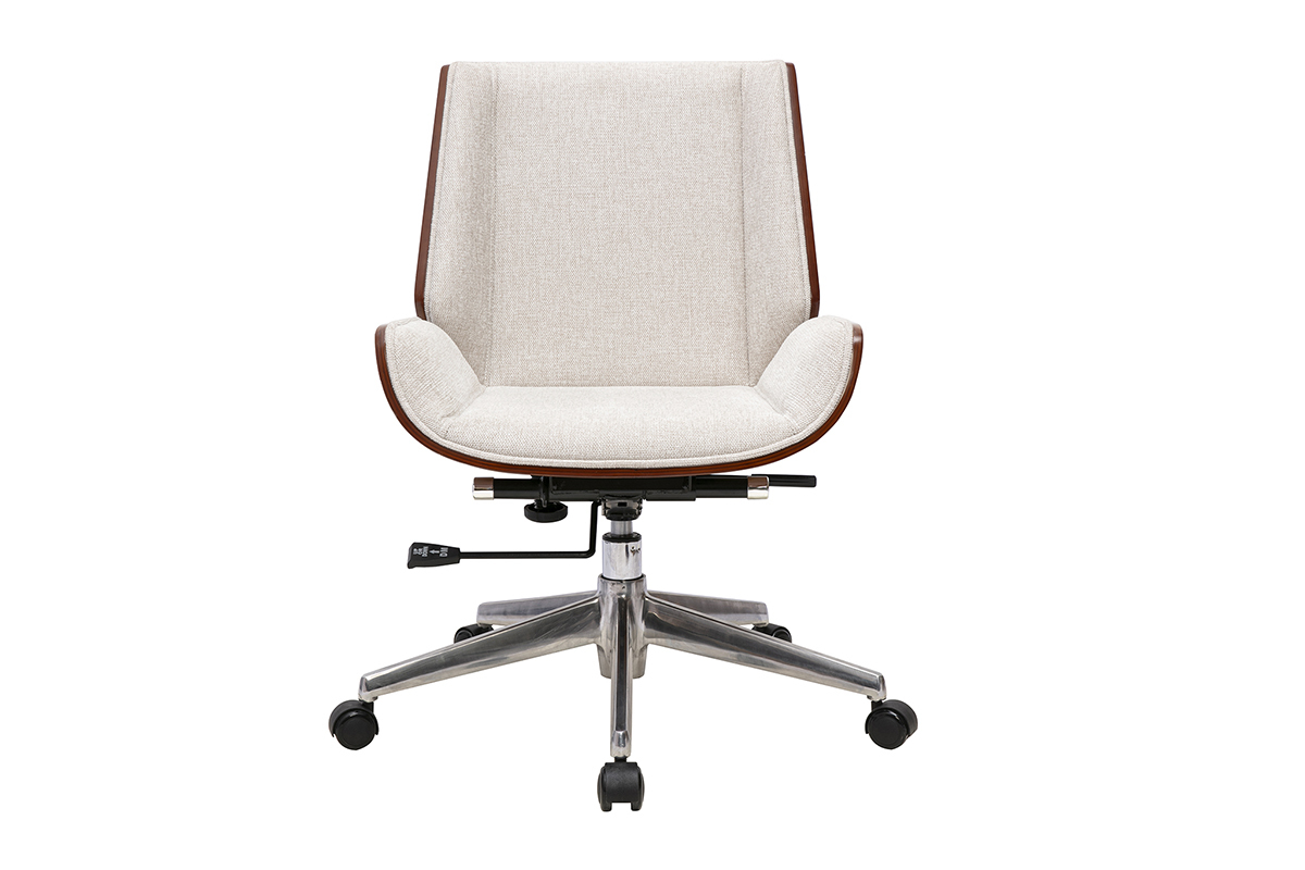 Chaise de bureau � roulettes beige en vue de face, tissu effet velours, bois fonc�, pi�tement �toile.
