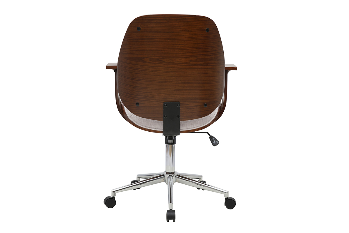 Chaise de bureau � roulettes vue de dos, bois fonc� et acier chrom�.