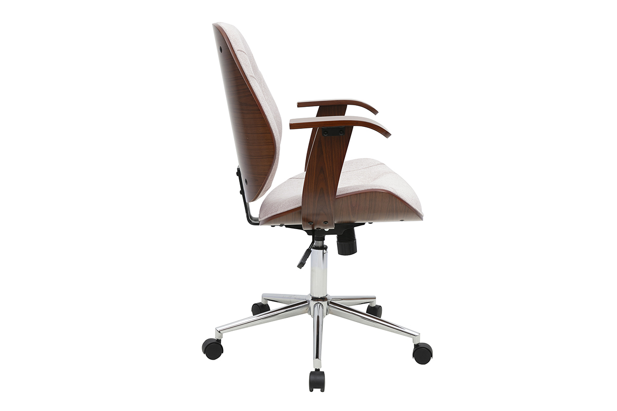 Chaise de bureau YORKE beige de profil, roulettes et structure bois fonc�.