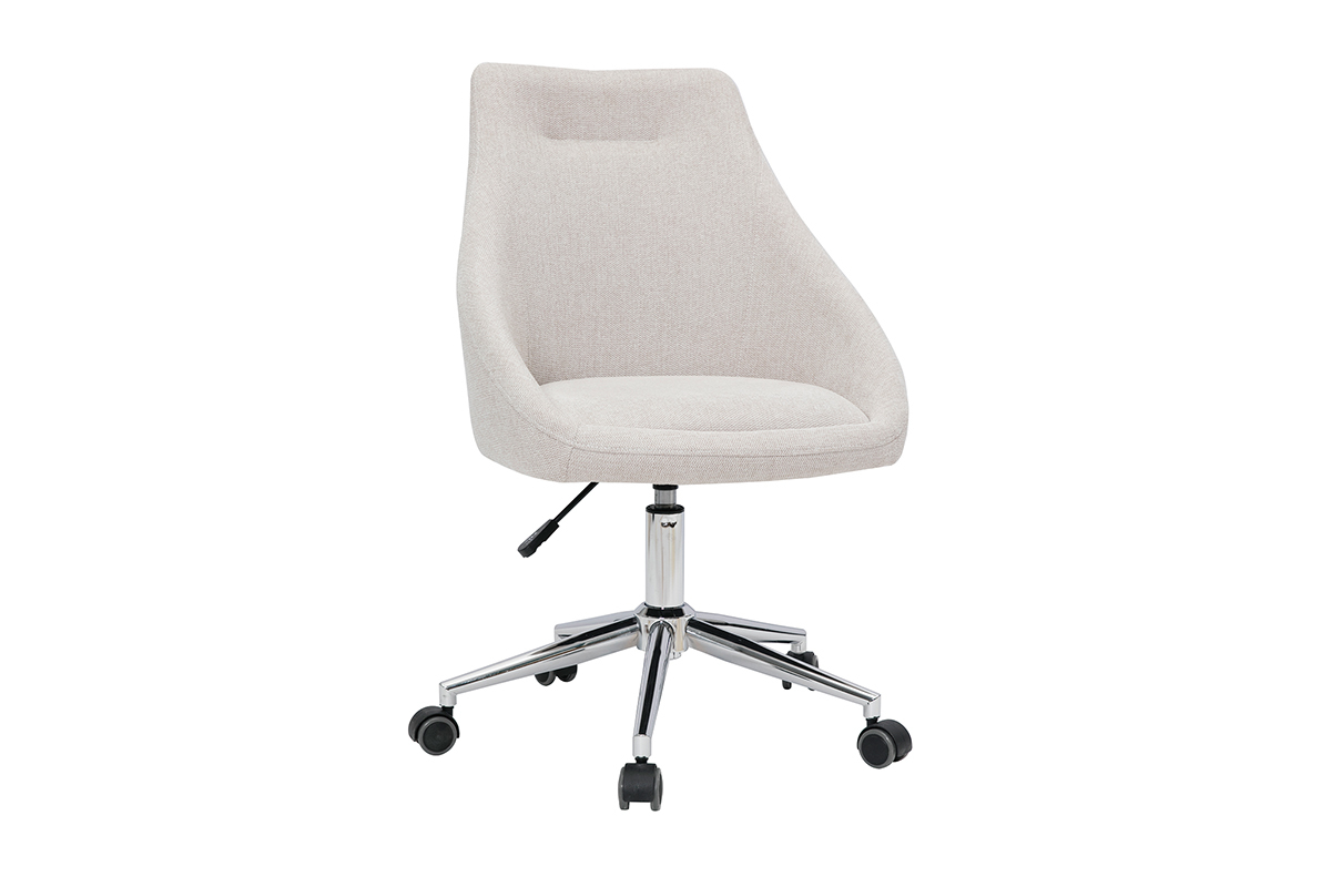 Chaise de bureau � roulettes design en tissu effet velours textur� beige et acier chrom� BOOMER