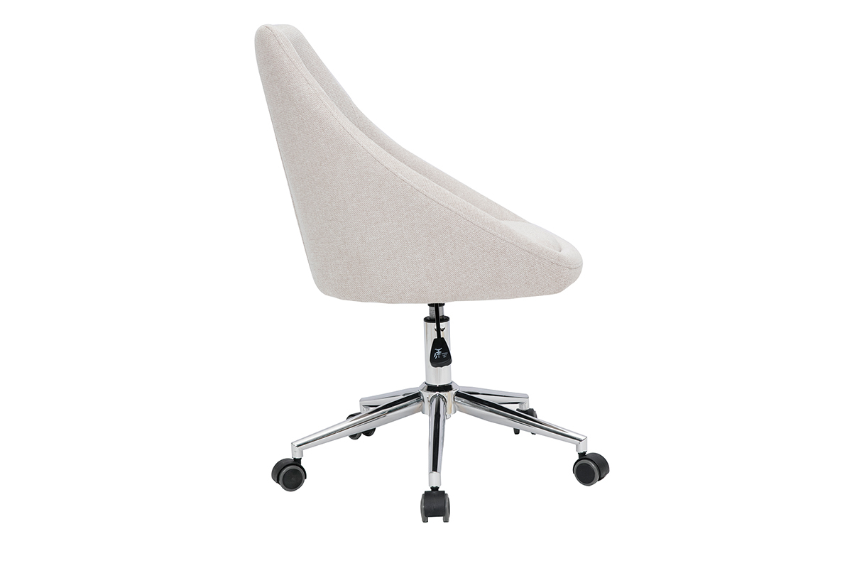 Chaise de bureau � roulettes design en tissu effet velours textur� beige et acier chrom� BOOMER