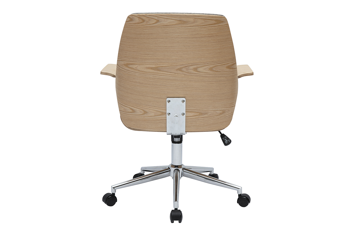 Chaise de bureau RUFIN vue de dos, bois clair, pied chrom� et roulettes.