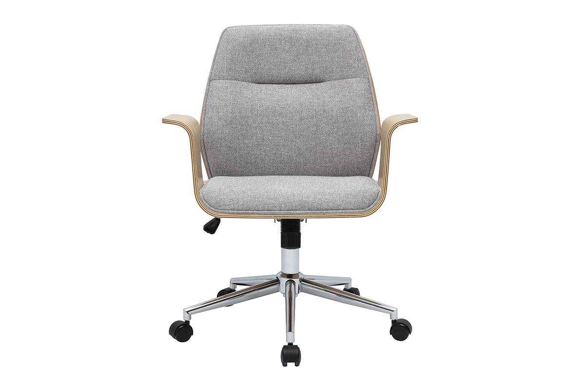 Chaise de bureau grise en tissu effet velours, bois clair, acier chrom�, vue de face.