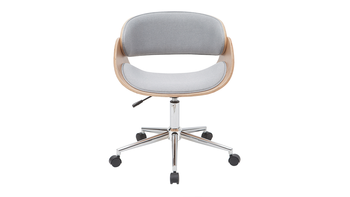 Chaise de bureau à roulettes design en tissu gris, bois clair et acier chromé BENT