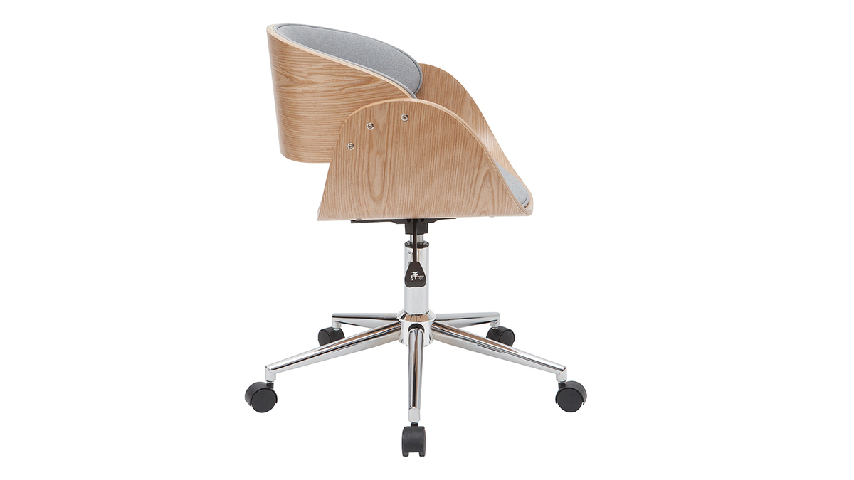 Chaise de bureau à roulettes design en tissu gris, bois clair et acier chromé BENT