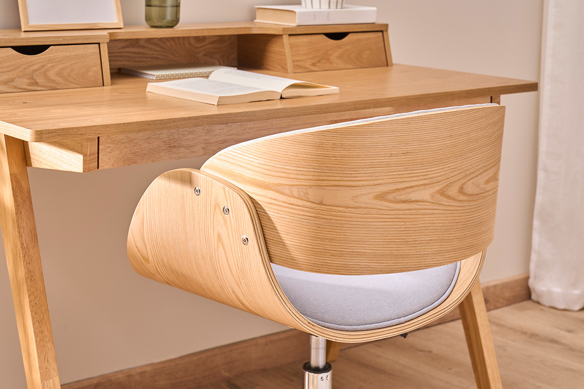 Chaise de bureau  roulettes design en tissu gris, bois clair et acier chrom BENT