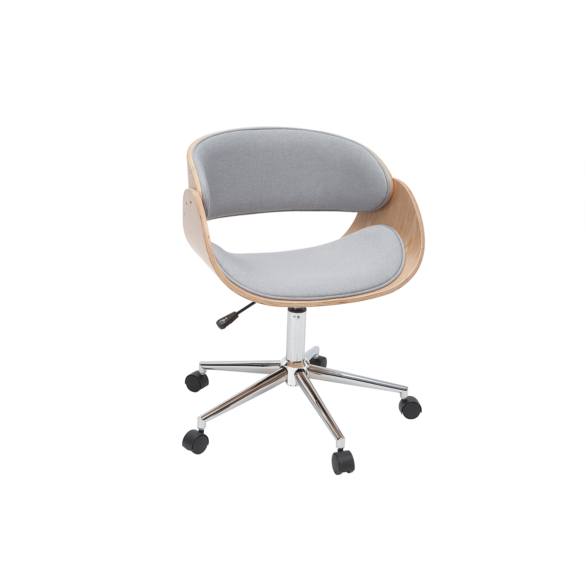 Chaise de bureau à roulettes design en tissu gris, bois clair et acier chromé BENT vue1