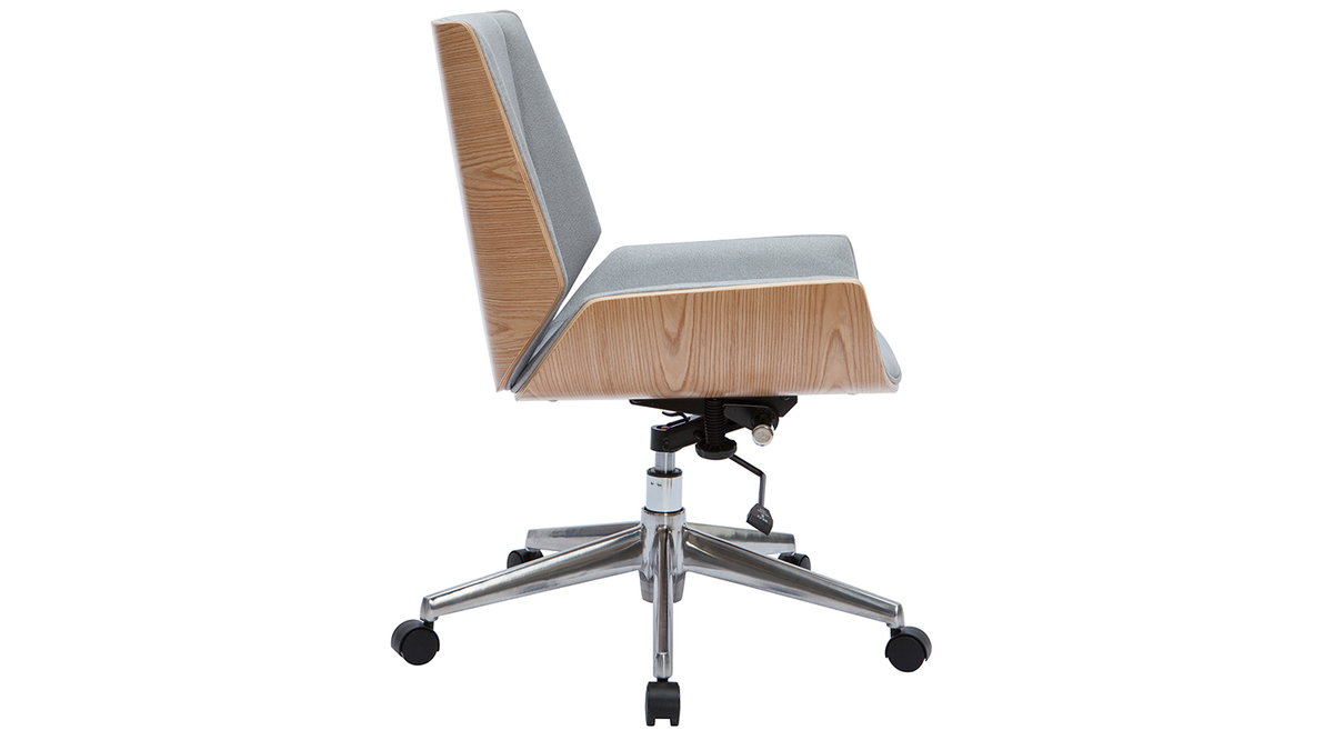 Chaise de bureau à roulettes design en tissu gris clair, bois clair et acier chromé CURVED